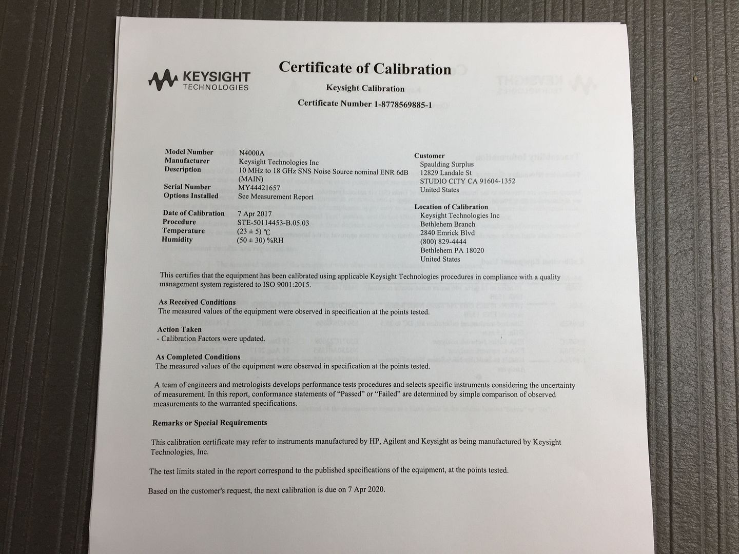 Keysight Calibration Certificate Master of Documents